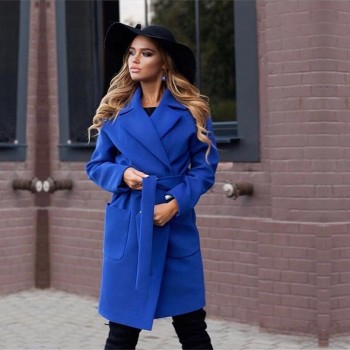 Long Women's coat lapel 2 pockets belted Jackets solid color coats Female Outerwear